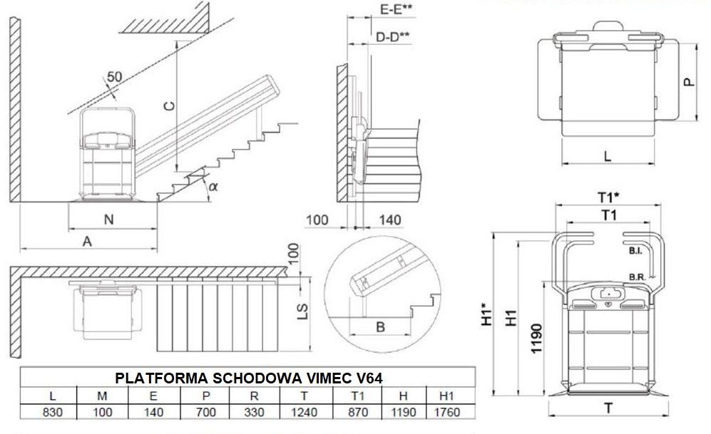Wymiary Platforma schodowa Vimec V64 dane techniczne